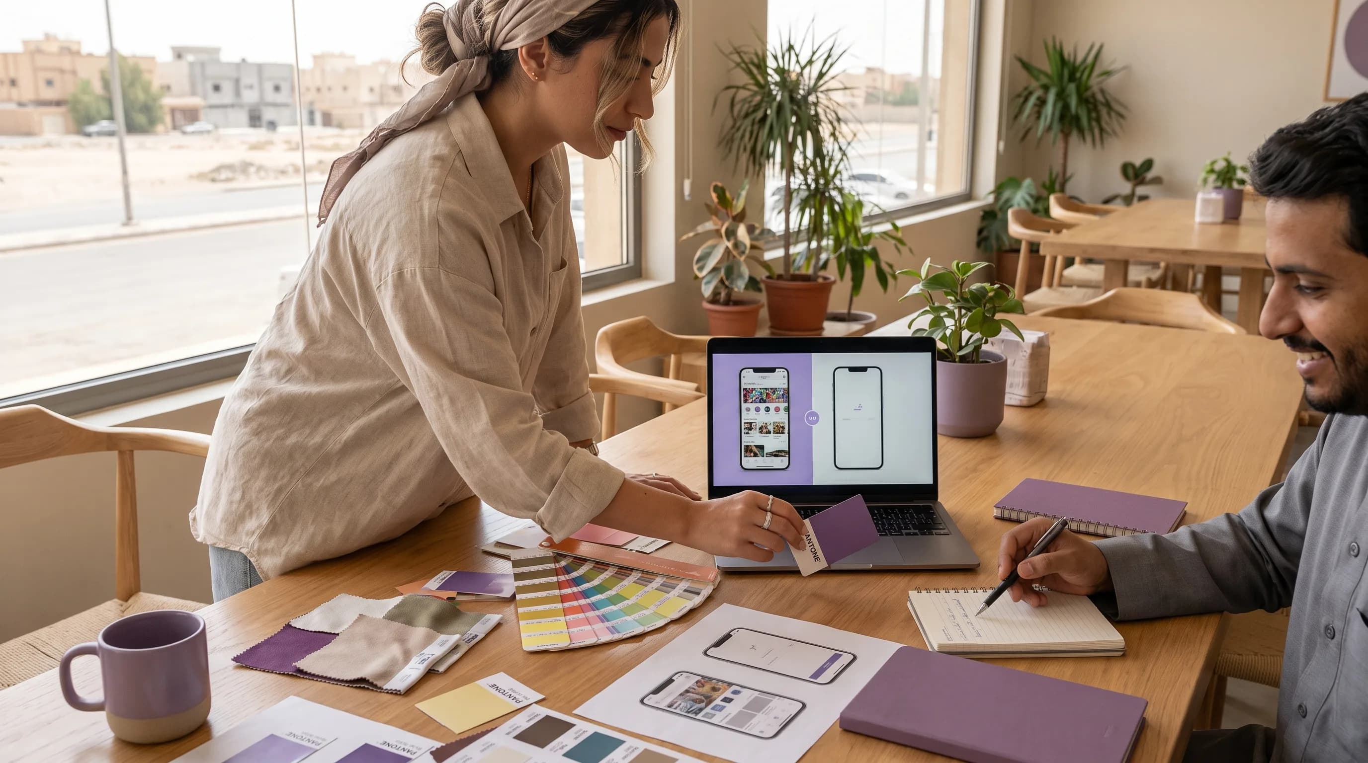 A person compares a cluttered layout against a cleaner one, with color swatches and a laptop nearby.