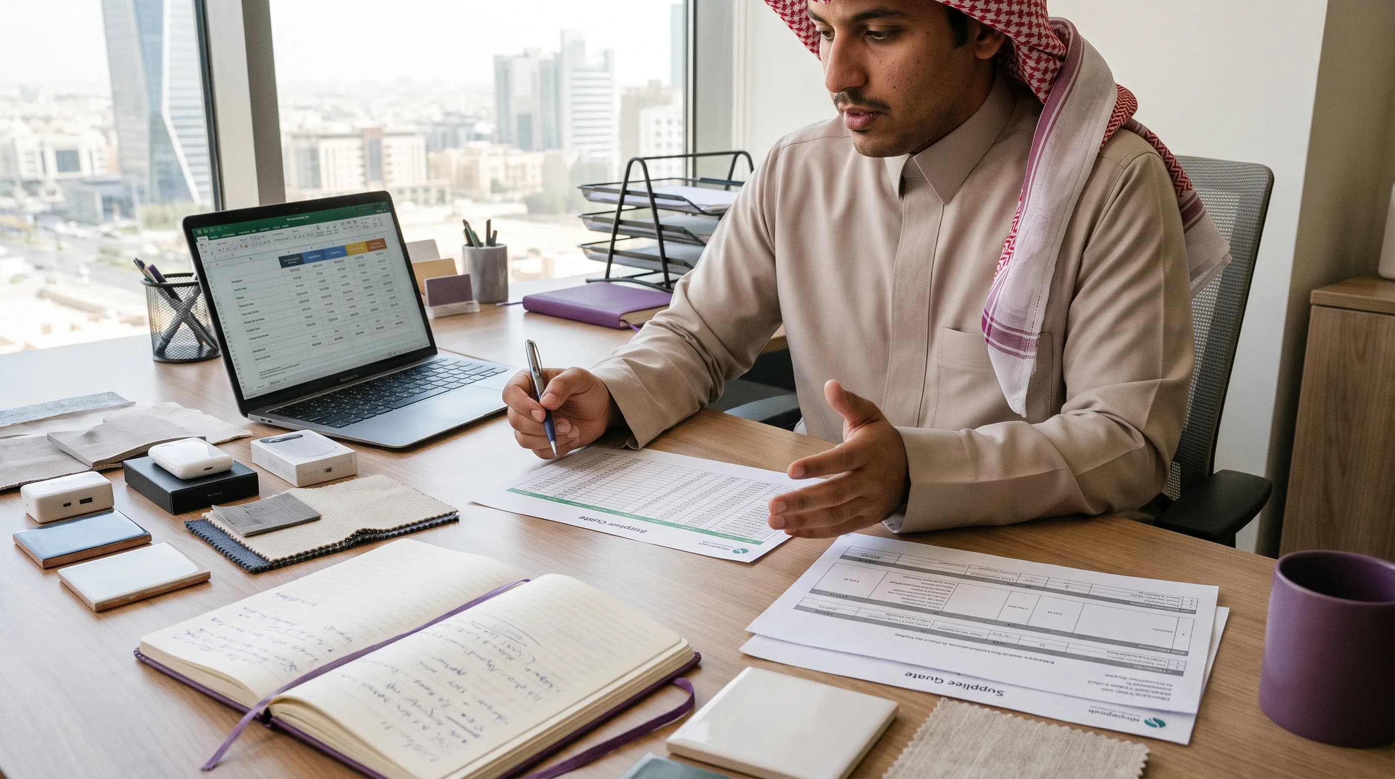 باحث في منتصف بناء ورقة مقارنة موردين، مع عينات منتجات وعروض أسعار مطبوعة منتشرة على مكتب.