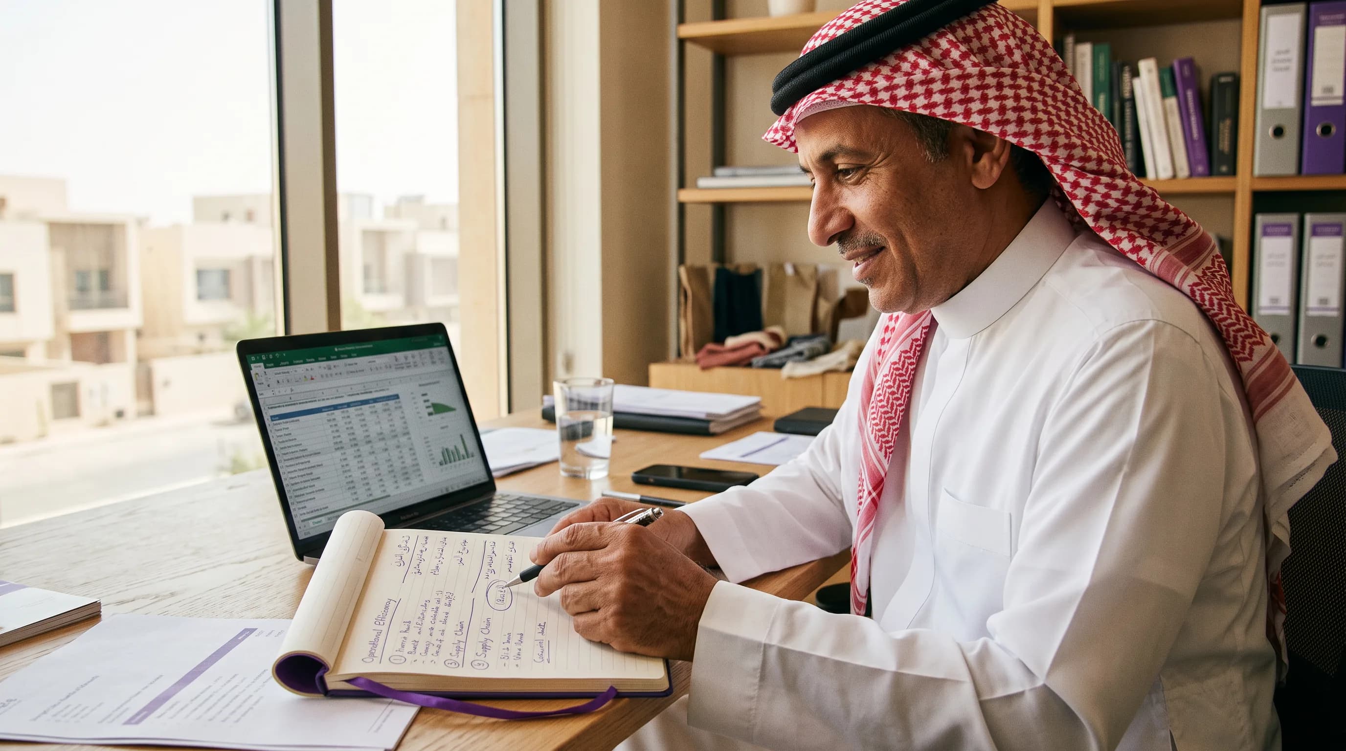 صاحب مشروع صغير ذو خبرة يراجع العمليات في مساحة عمله الحقيقية، بملاحظات وجدول بيانات على حاسوب محمول يُظهر مناطق مُحاطة بدائرة للانتباه.