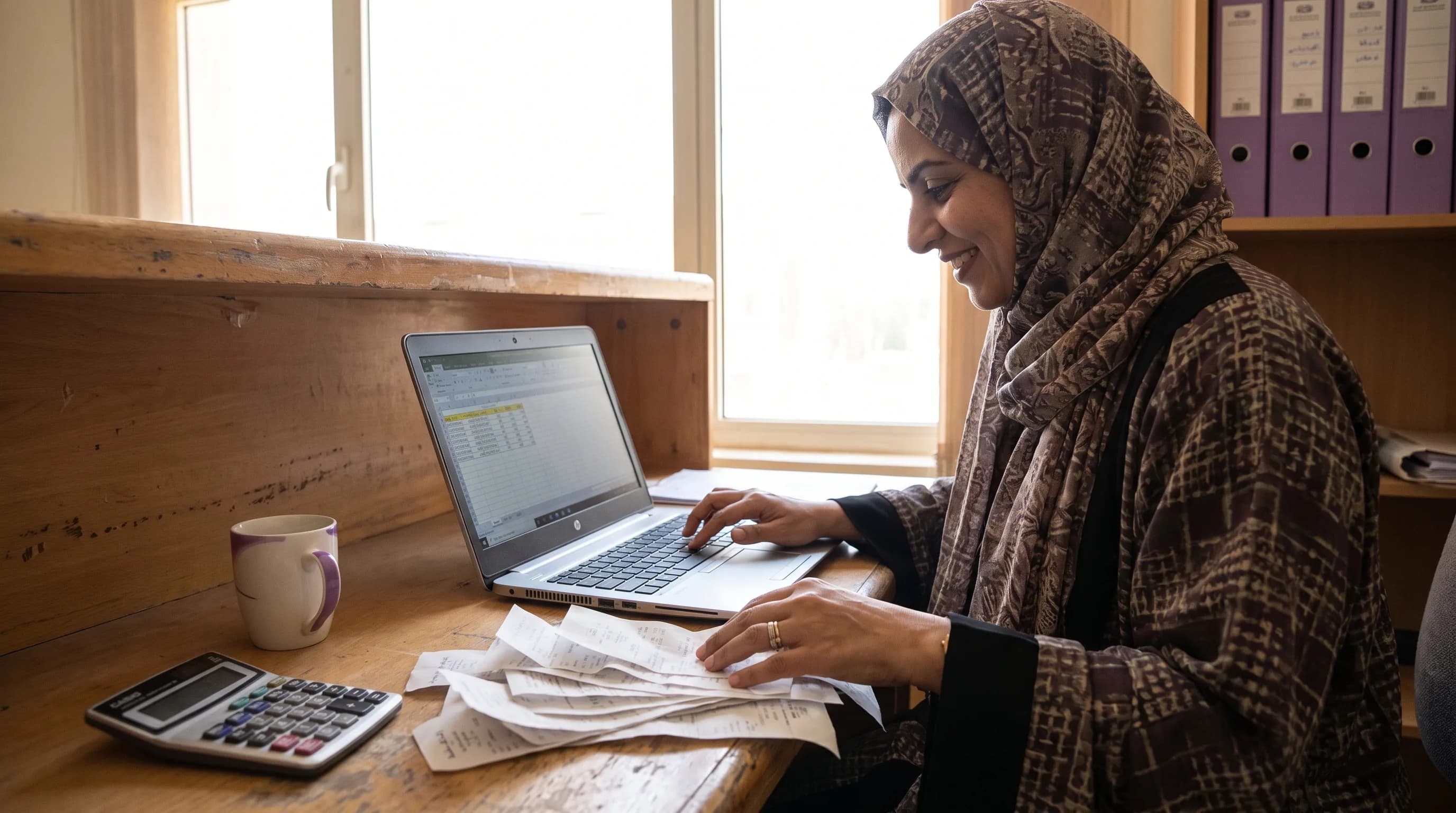 صاحب مشروع صغير ينظم إيصالات وجدول بيانات بسيطًا على حاسوب محمول عند طاولة حقيقية، مع آلة حاسبة قريبة.
