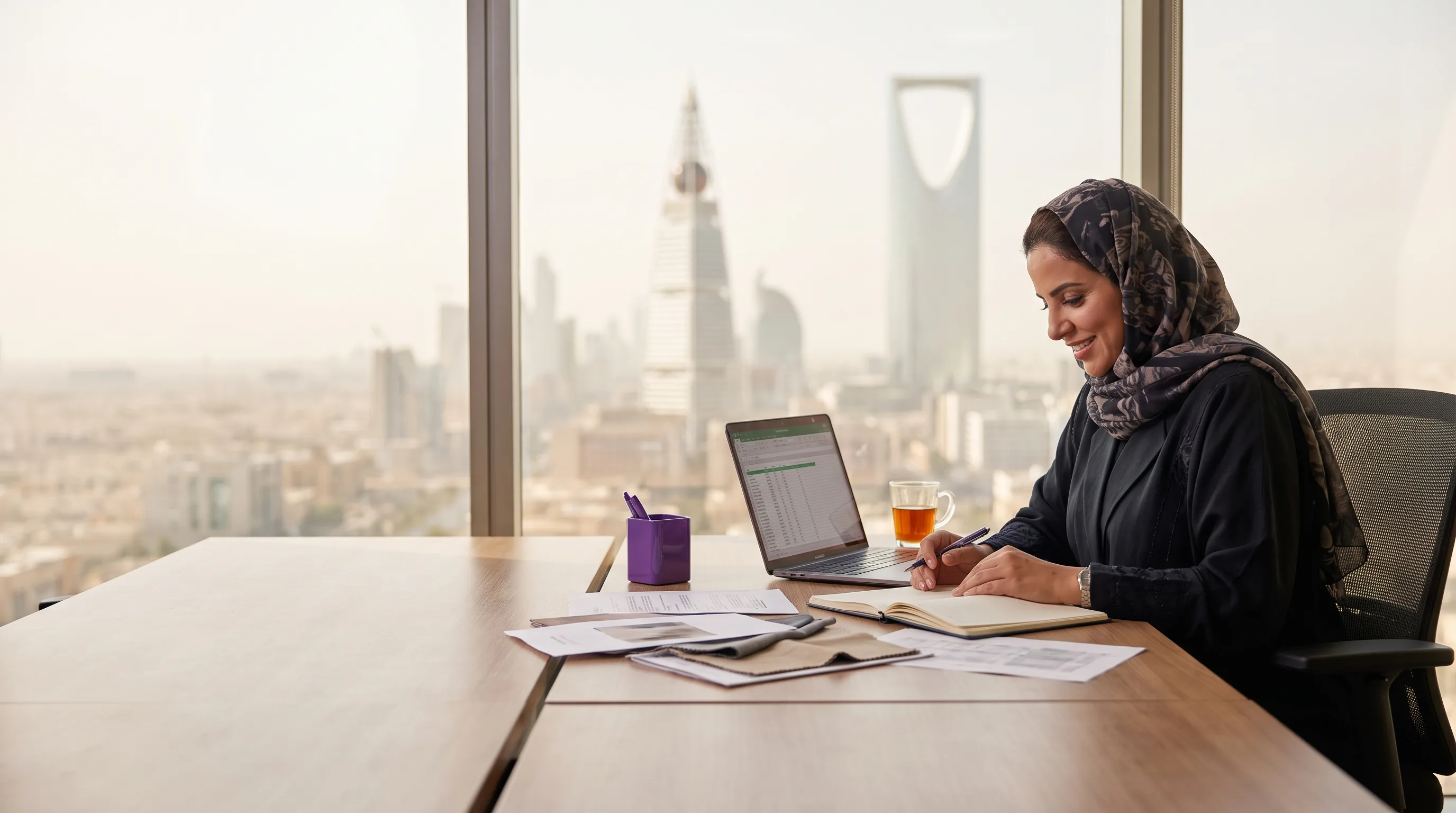 مؤسس يخطط عند طاولة مع أفق الرياض ظاهرًا بخفة في الخلفية.