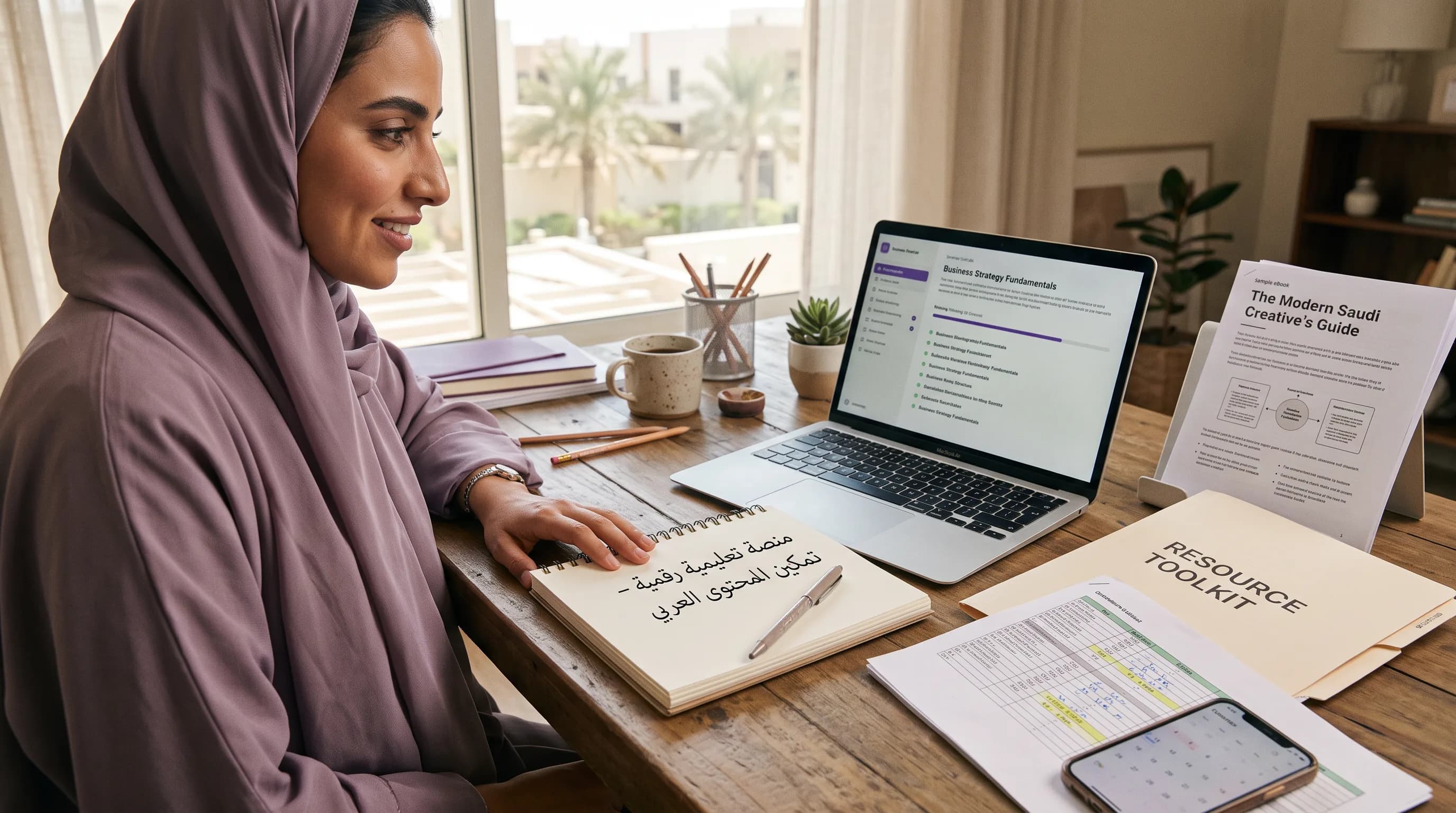 فكرة مركزية تتفرع بصريًا نحو مخطط دورة وكتاب إلكتروني وجدول بيانات ومجلد حزمة أدوات.