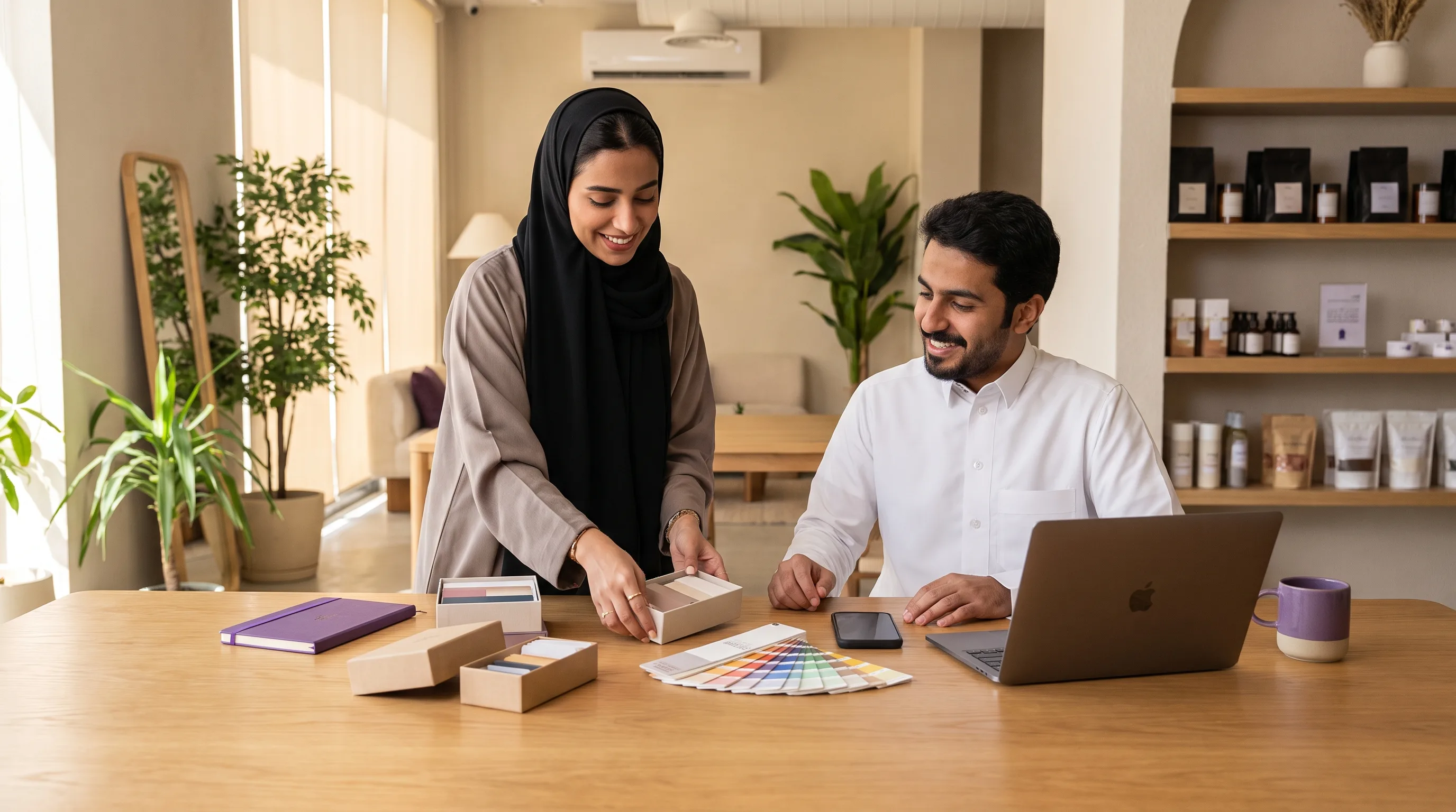 مؤسس يرتب عينة تغليف وأوراق طباعة وعينات ألوان وحاسوب محمول وهاتف على طاولة في مساحة عمل سعودية معاصرة.