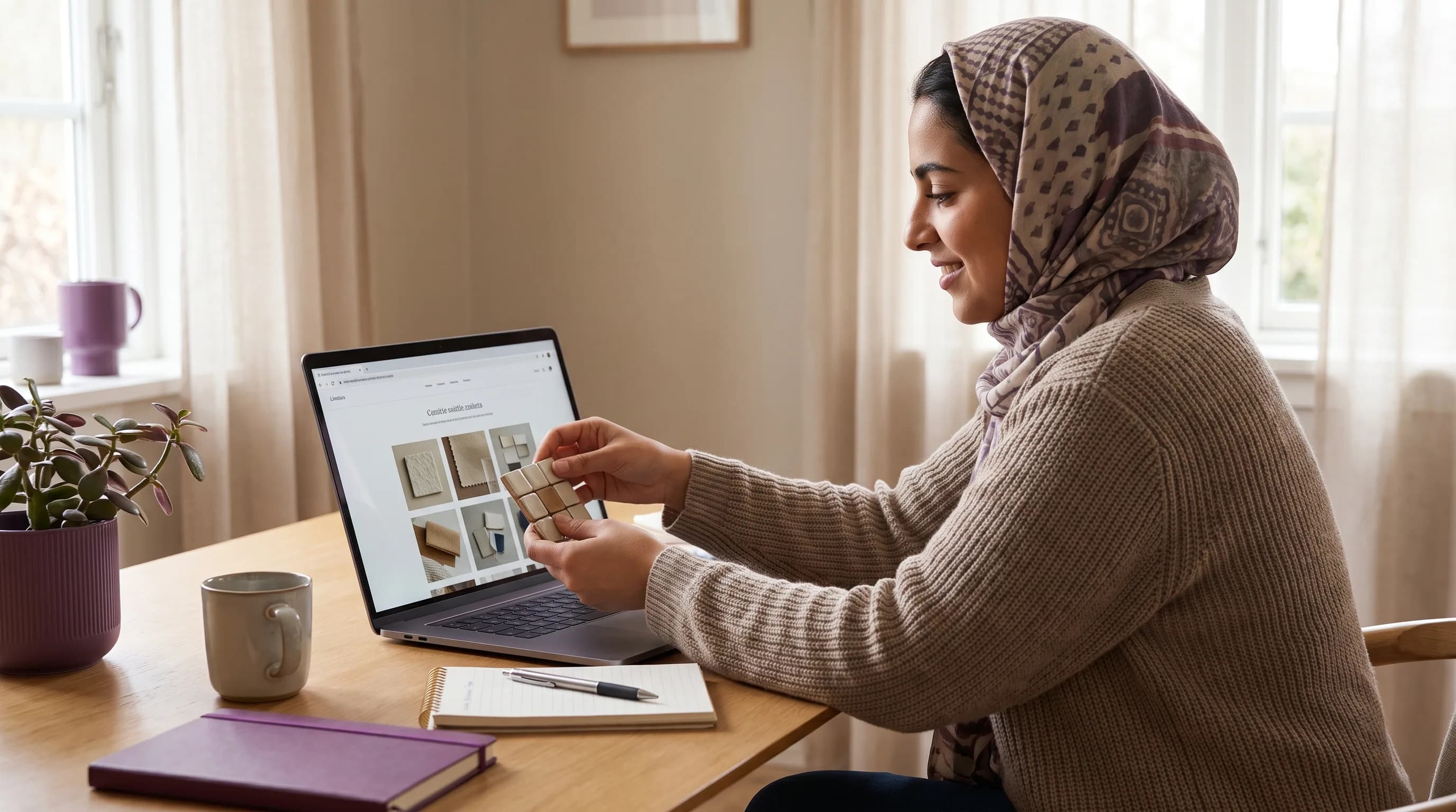 A person arranges sample work into a simple portfolio layout on a laptop.