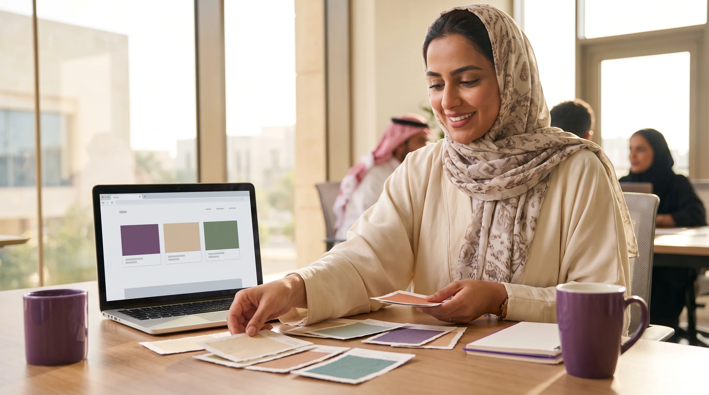 A person narrows a large spread of color swatches down to a tight palette on a table.