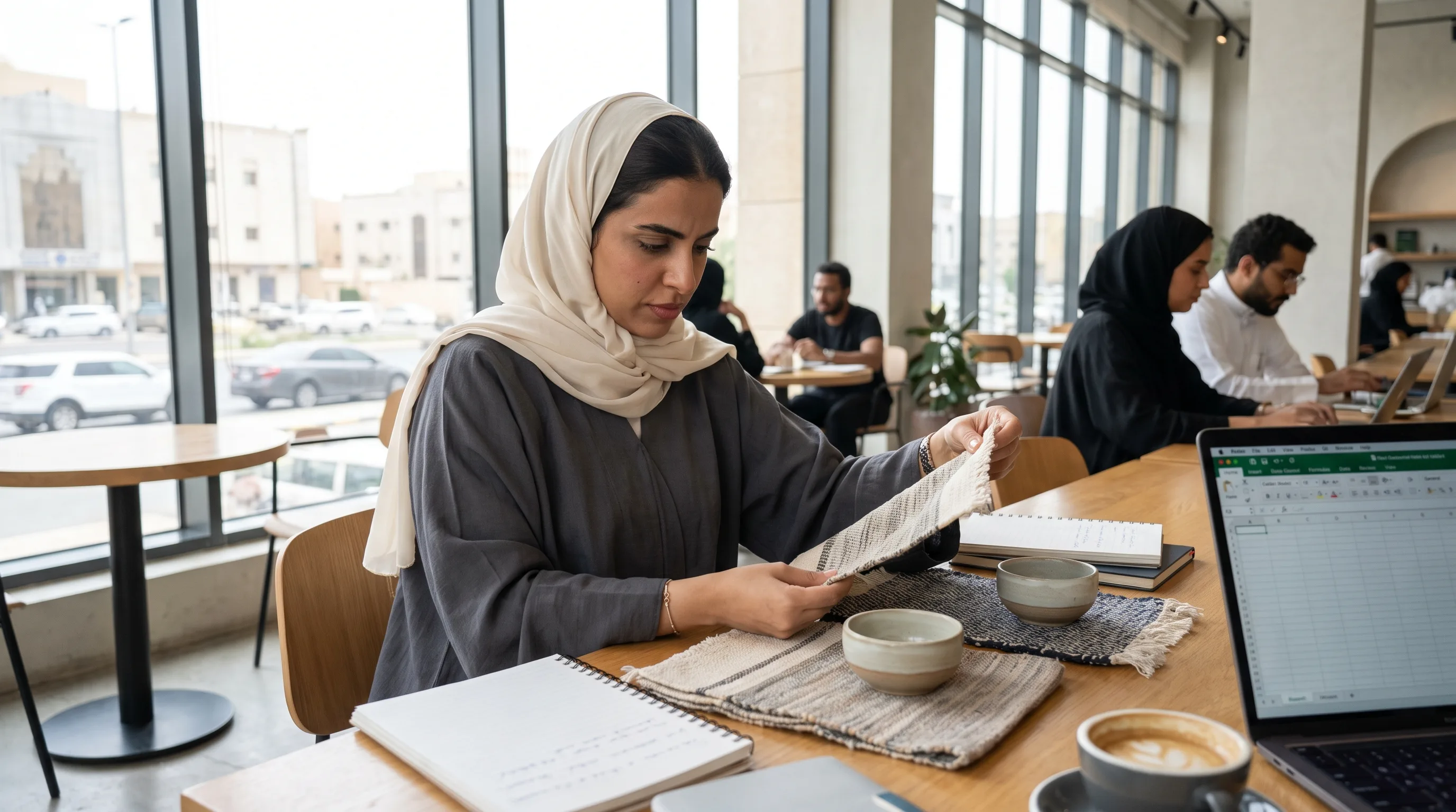 A person compares a few candidate products on a table, evaluating them side by side.