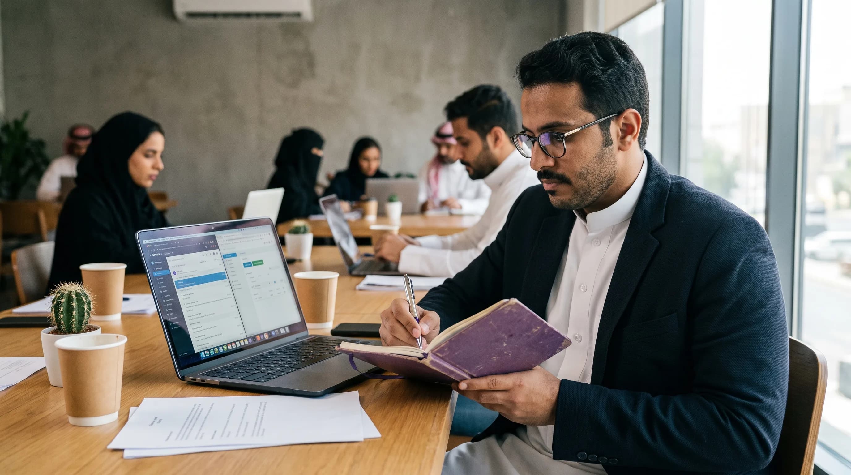 شخص يقارن أداتين برمجيتين جنبًا إلى جنب على حاسوب محمول، يدوّن ملاحظات.