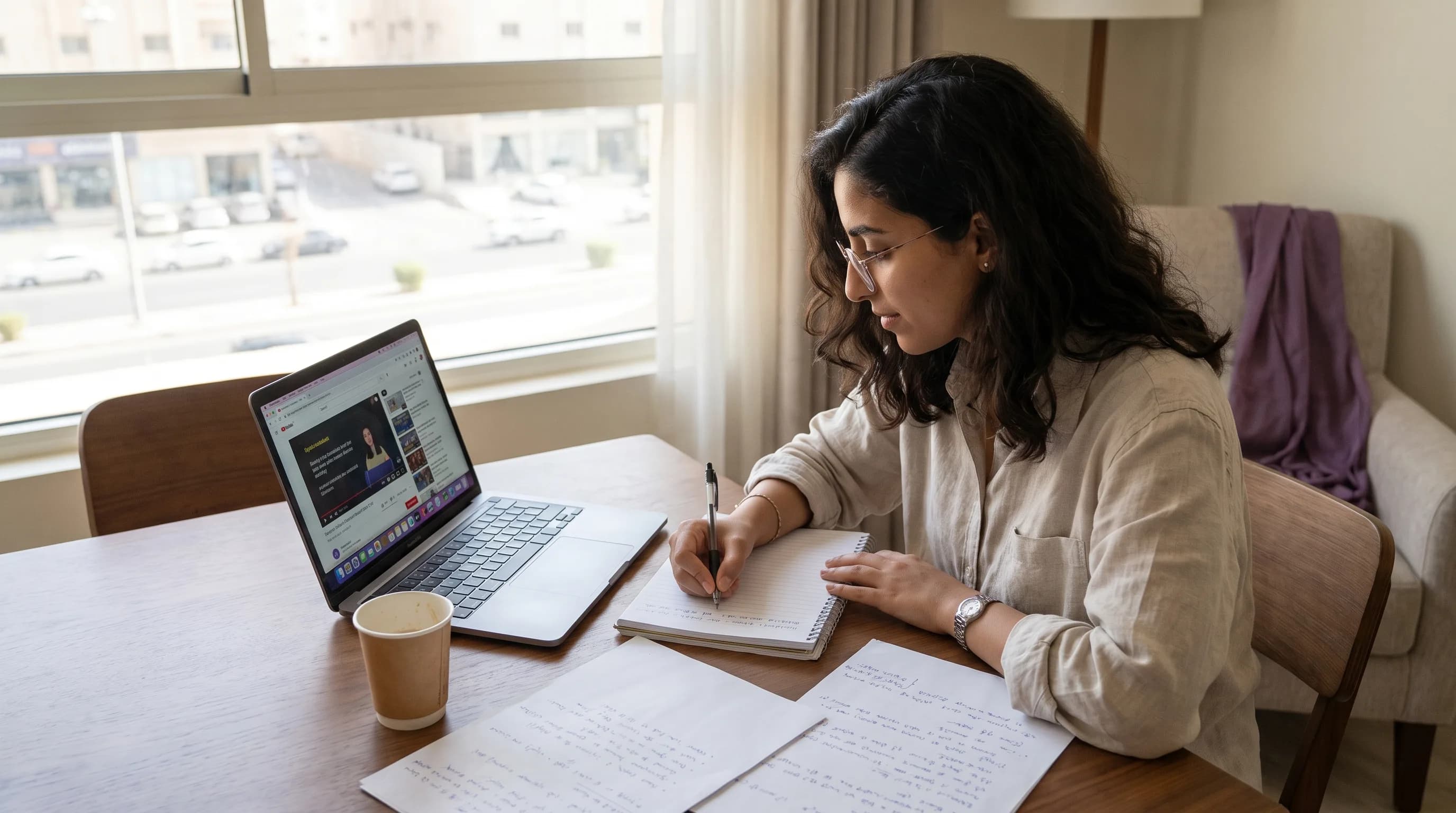 A person actively takes notes while working through an online course on a laptop.