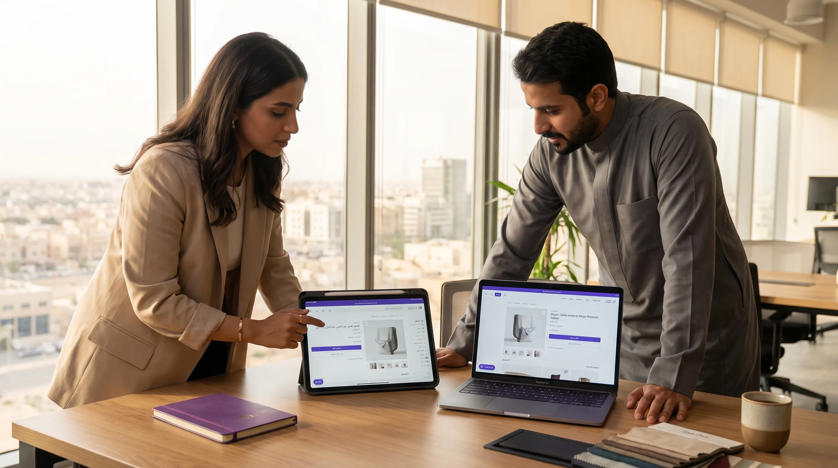 The same digital product shown on two devices, one in Arabic RTL layout and one in English LTR layout.