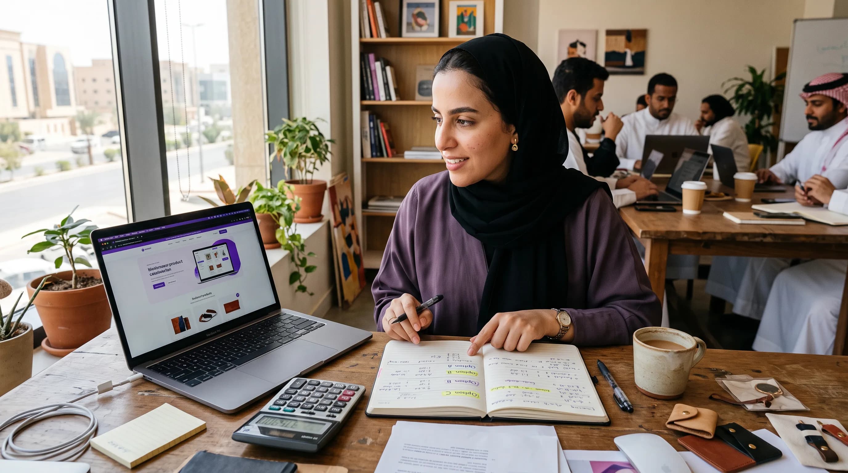 صانع محتوى يقارن ثلاثة خيارات تسعير مكتوبة بخط اليد بجانب منتج رقمي جاهز وآلة حاسبة.