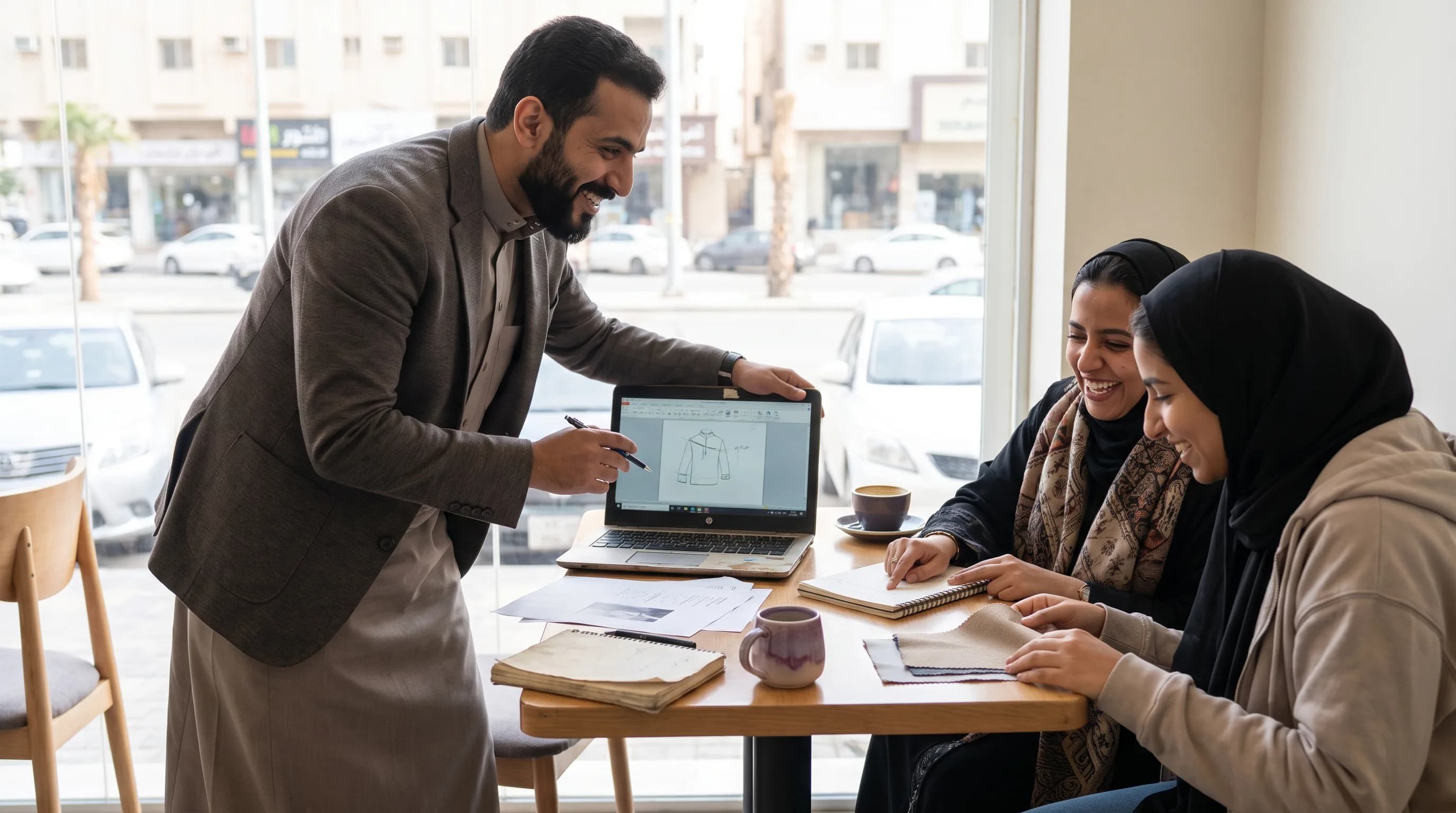 مؤسس يعرض فكرة أولية على حاسوب محمول لشخصين في مقهى غير رسمي.