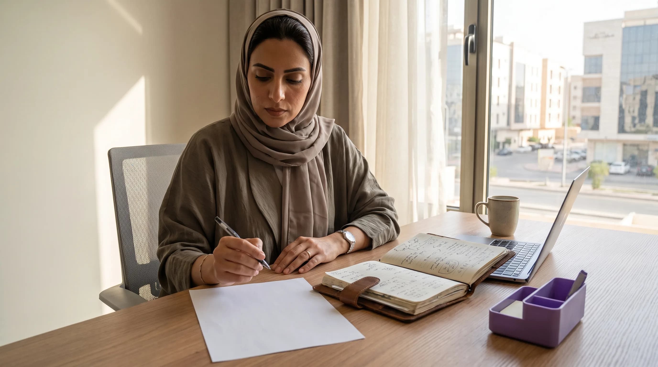 A person closes a notebook of research notes and writes a clear final decision on a single sheet of paper.