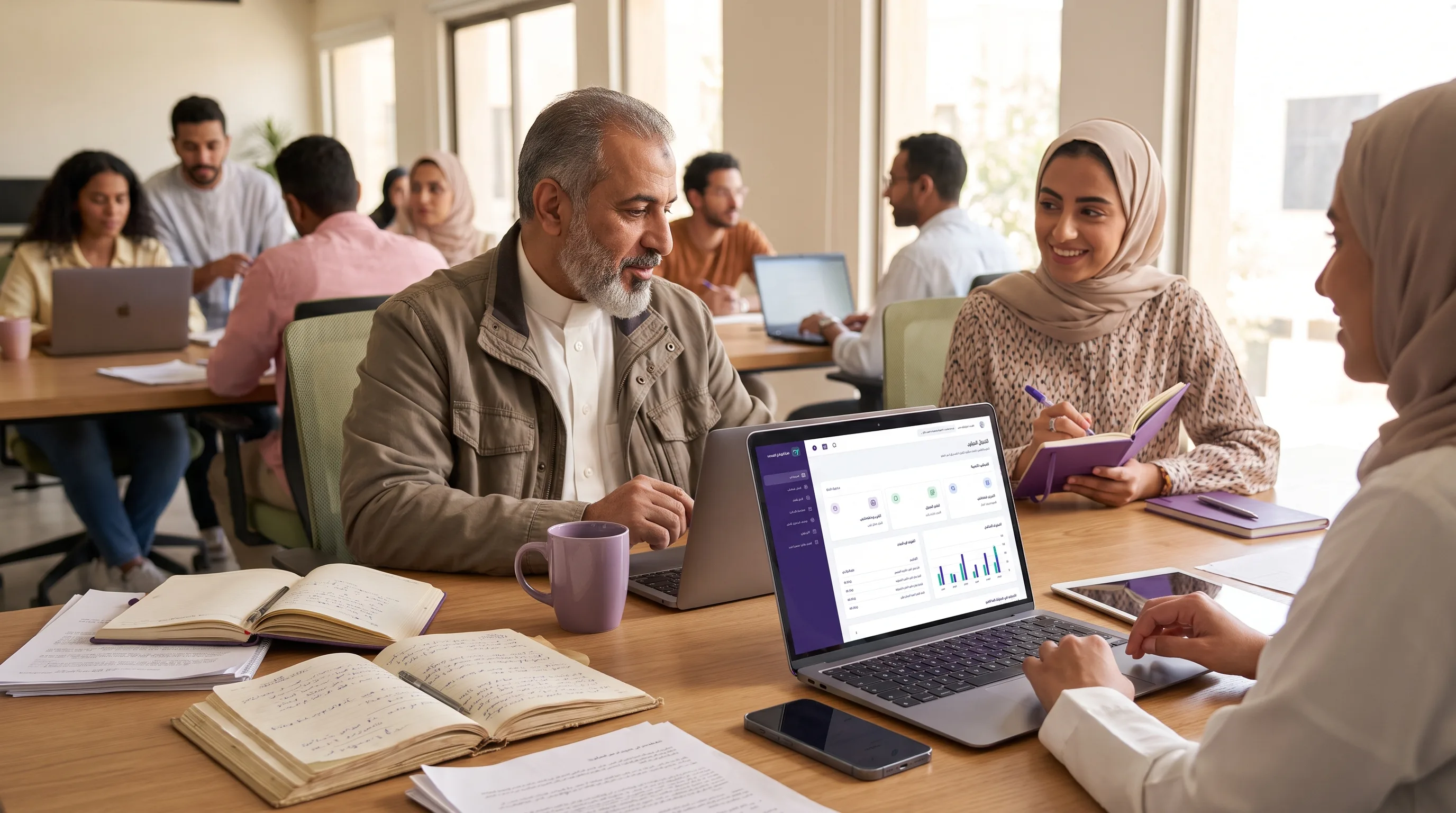ملاحظات مكتوبة بخط اليد على جانب طاولة ومورد رقمي منظم على حاسوب محمول في الجانب الآخر.