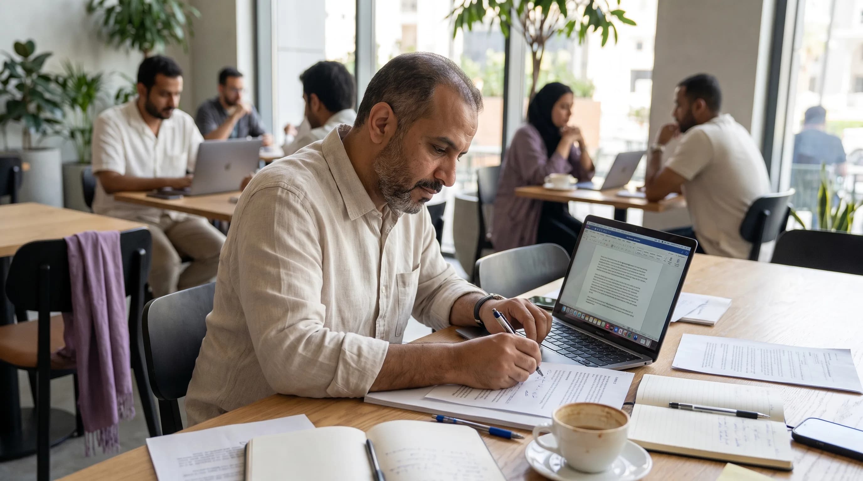 شخص يراجع نصًا أنشأه الذكاء الاصطناعي على حاسوب محمول، يعلّمه ويحرره بخط يده.